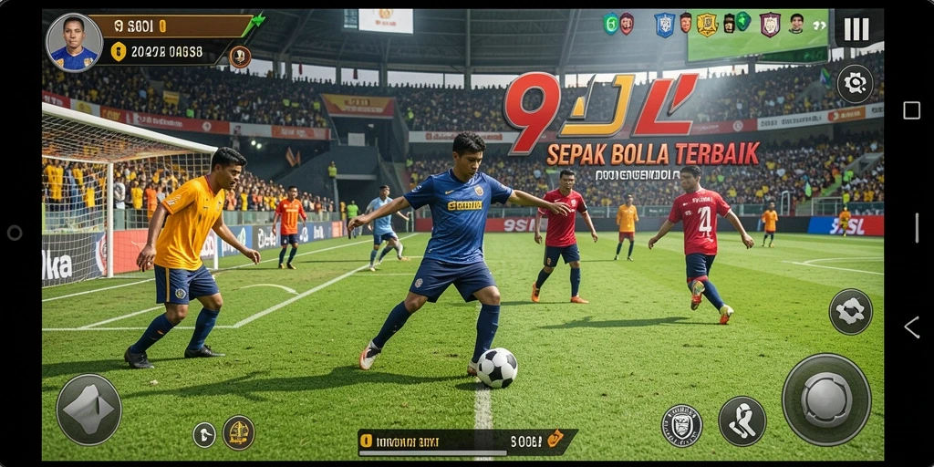Tampilan gameplay 9SL dengan aksi pertandingan sepak bola penuh semangat.
