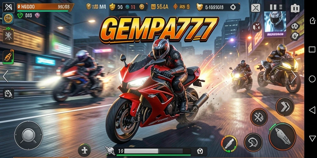 Screenshot gameplay GEMPA777 yang menampilkan aksi balap motor yang mendebarkan.