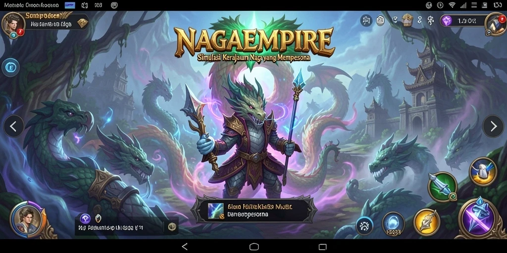Screenshot gameplay NAGAEMPIRE menunjukkan strategi membangun kerajaan naga.